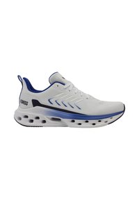 Weiße Sportschuhe mit blauen Akzenten, Obermaterial aus Mesh, strukturiertes Design und eine gepolsterte Sohle mit sichtbaren Belüftungsöffnungen. Die Schnürsenkel sind weiß.