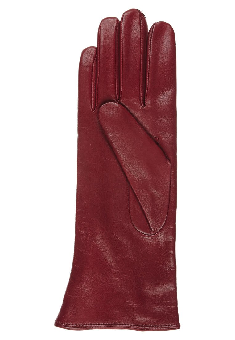 Dark red leather glove with visible stitching, designed for the left hand, flat and unfilled on a white background.