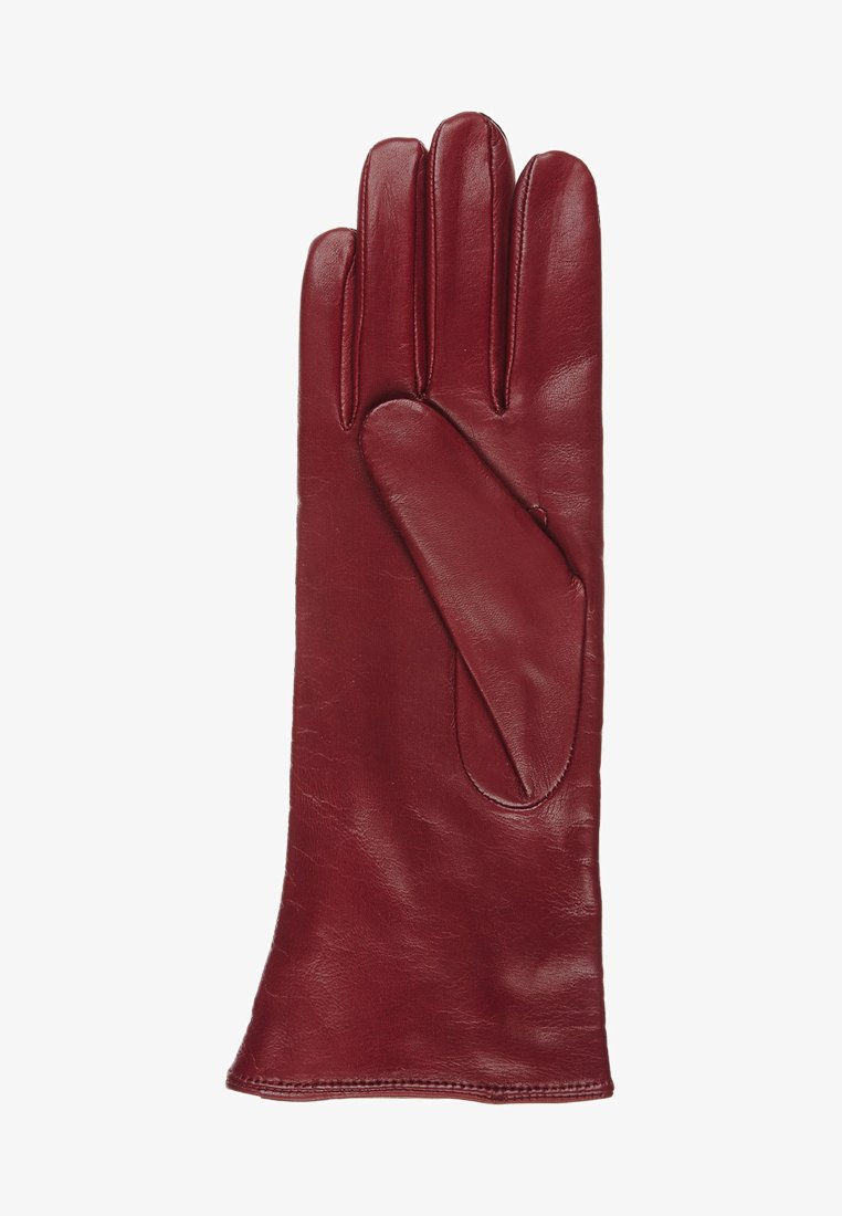 Dark red leather glove with visible stitching, designed for the left hand, flat and unfilled on a white background.
