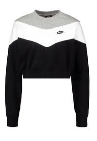 Korta sweatshirt med färgblock i grått, vitt och svart, ribbad halsringning och Nike-logotyp på vänster bröst. Mjuk tyger.