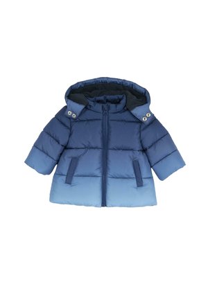 Veste matelassée bleue pour tout-petits avec fermeture éclair à l'avant, deux poches avant, capuche attachée et boutons-pression sur les rabats du col.