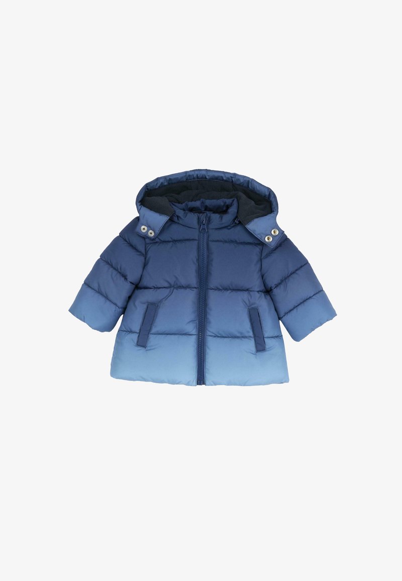 Veste matelassée bleue pour tout-petits avec fermeture éclair à l'avant, deux poches avant, capuche attachée et boutons-pression sur les rabats du col.