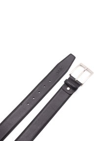 Black leather belt with a smooth texture, silver rectangular buckle, and multiple adjustment holes along the strap, featuring a logo imprint.
