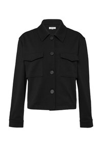 Sort jakke lavet af blødt stof, med en krave, knaplukning foran, to brystlommer og lange ærmer.