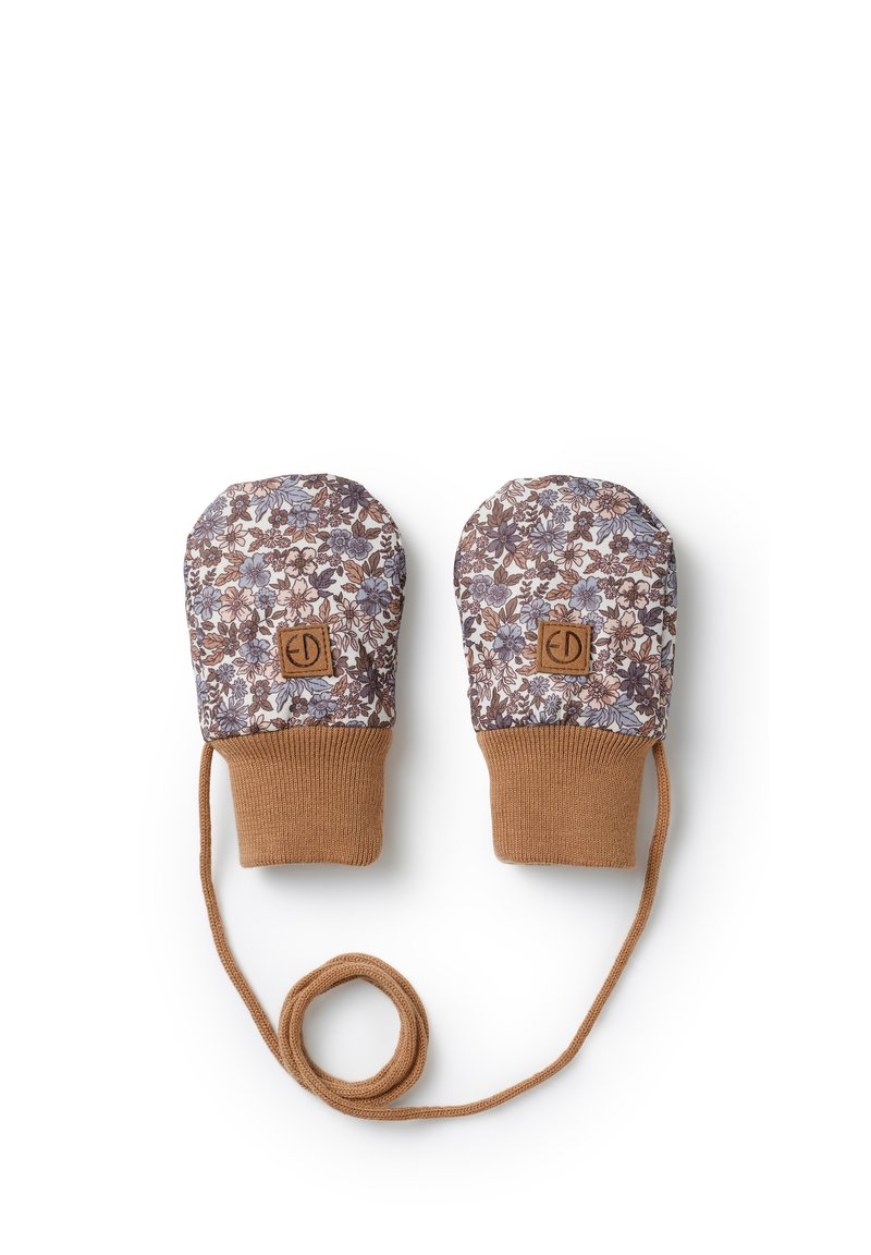 Blommönstrade vantar i brunt och cremefärgat tyg med stickade bruna mudd och en kopplande snodd, designade för värme och bekvämlighet.