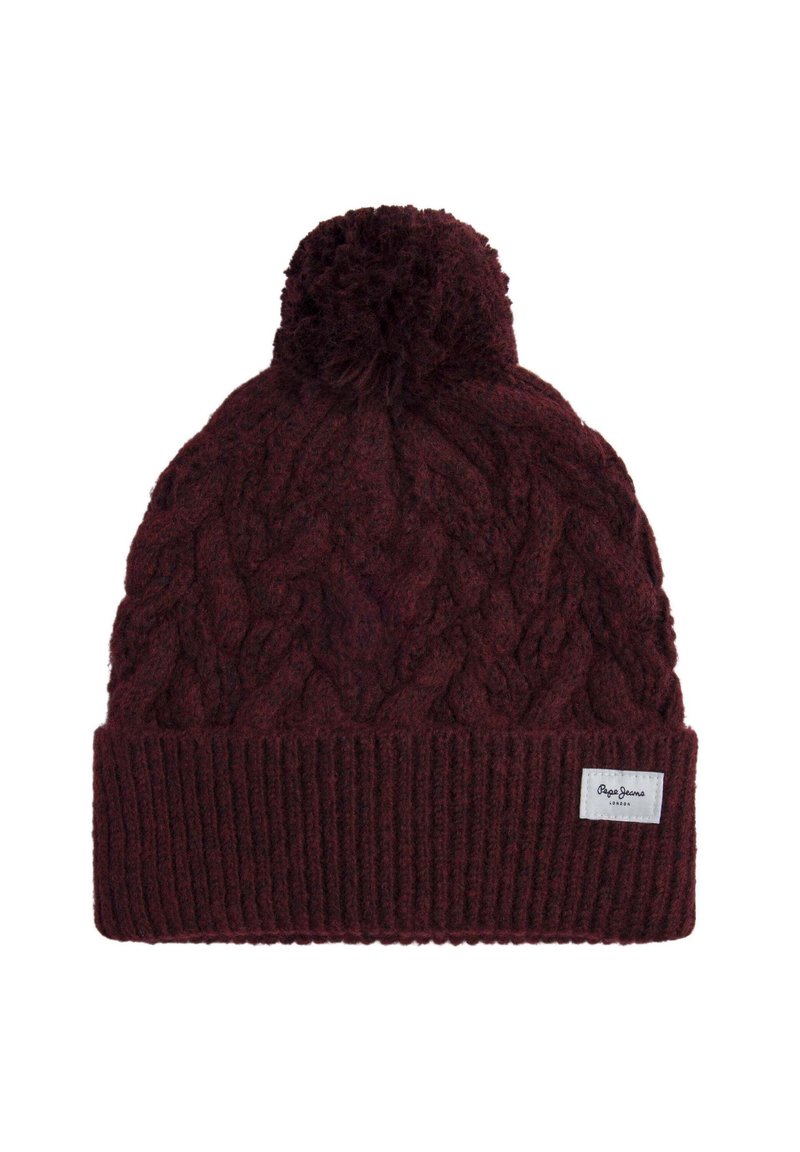 Burgundy-kudotettu pipo, jossa on tupsu päällä ja ribbikäänne, jossa on pieni valkoinen "Pepe Jeans London" -tunnus.