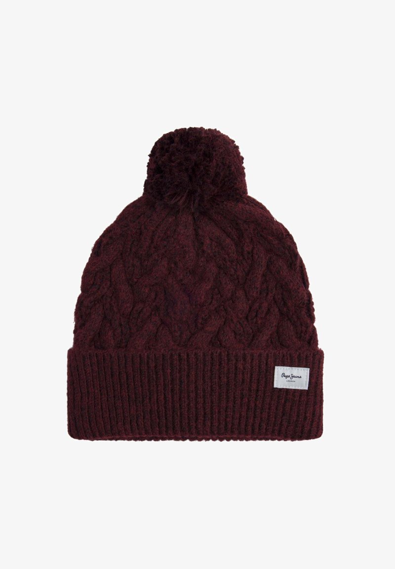 Burgundy-kudotettu pipo, jossa on tupsu päällä ja ribbikäänne, jossa on pieni valkoinen "Pepe Jeans London" -tunnus.