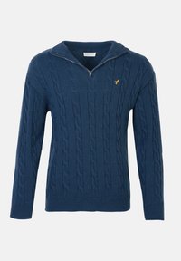Pulover bleu tricotat cu fir, cu guler tip quarter zip și un mic logo cu o pasăre galbenă pe pieptul stâng, mâneci lungi și manșete și tiv ribbate.