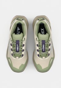Paire de chaussures de randonnée beige et verte avec des accents violet et le logo "TERREX" sur la languette, vue de dessus sur fond blanc.
