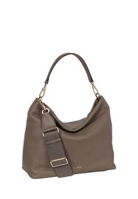 Sac en cuir taupe au design souple et décontracté. Dispose d'une bandoulière en tissu texturé amovible et d'accents en métal doré.