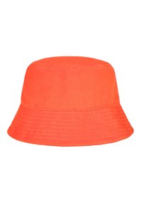 Cappello a secchiello arancione brillante in cotone, con cima arrotondata e una larga visiera inclinata verso il basso, con dettagli cuciti lungo il bordo.