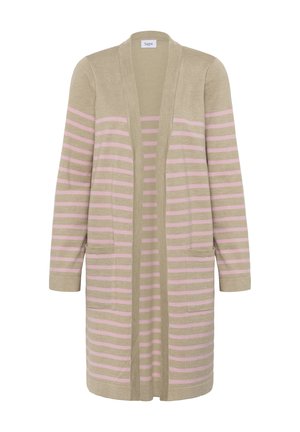 Beige cardigan with pink horizontal stripes, open front, long sleeves, and two front pockets. Made from a soft, lightweight material.