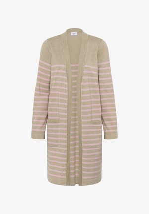 Cárdigan beige con rayas horizontales rosas, de apertura frontal, con mangas largas y dos bolsillos frontales. Hecho de un material suave y ligero.
