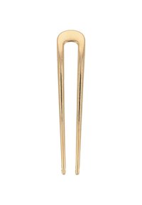 Spilla per capelli in metallo dorato con un design slanciato e elegante, caratterizzata da una parte superiore arrotondata e estremità affusolate per una presa sicura e uno stile minimalista.