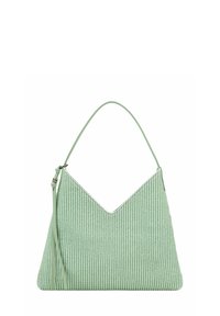 Bolso tejido verde con una parte superior en forma de V, textura suave y una sola correa para el hombro. Presenta un sutil detalle de costura en contraste.