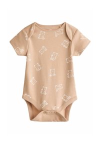 Kortärmad babybody i mjuk beige bomull med ett upprepande vitt björntryck och tryckknappar vid botten för enkel påklädning.