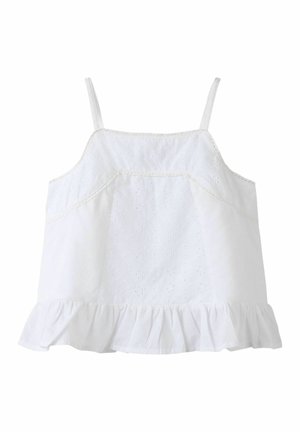 Wit mouwloos topje met dunne bandjes, oogjesstofdetails en gerafelde zoom aan de onderkant.