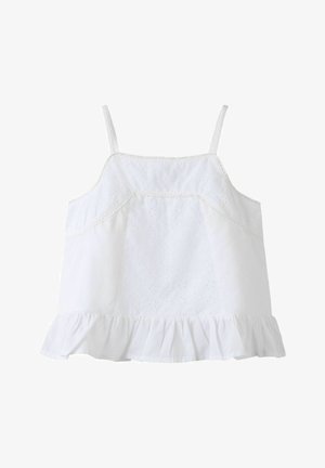 Biely tielko bez rukávov s tenkými ramienkami, ozdobný dierkovaný materiál a volánový lem dole.