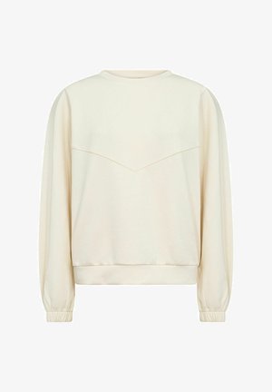 Kremasti dukserica s okruglim izrezom, dugim rukavima, elastičnim manžetama i zaobljenim šavom na leđima. Glatka tekstura tkanine.