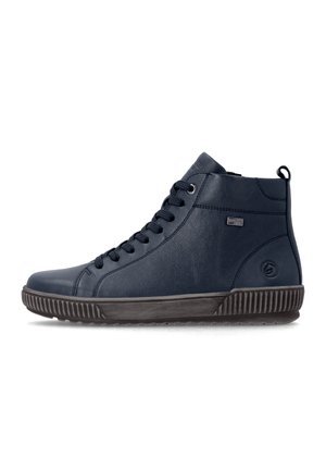 Navy blue high-top sneaker with black laces, textured rubber sole, and subtle logo; shown in profile on a white background.