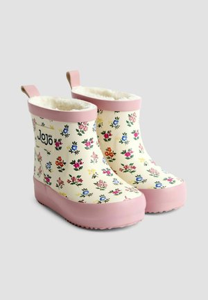 Bottes de pluie en caoutchouc à motifs floraux, fond crème avec des accents roses et doublure en peluche. Comprend des languettes et des semelles texturées pour une meilleure adhérence.