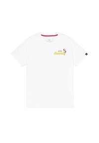 Hvid bomulds T-shirt med et gult "Hawaii" grafik og et trykt design på forsiden. Korte ærmer, rund hals og rød kraveaccent.