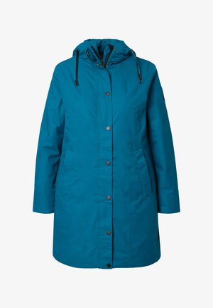 Teal vedenpitävä takki hupulla, jossa on etuvetoketju, painonapit ja kaksi sivutaskua. Silkkinen kangas ja rento malli.