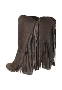 Stivali alti in suede marrone con dettaglio di frange laterali e tacco alto a blocco. Bordo superiore curvo e design della punta appuntita.