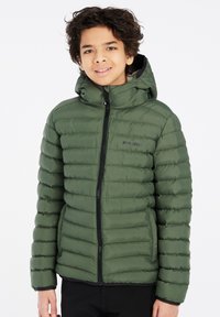 Groene gewatteerde jas met horizontaal gestikte secties, ritssluiting aan de voorkant en capuchon. Bevat een zwart logo op de borst en elastische manchetten.