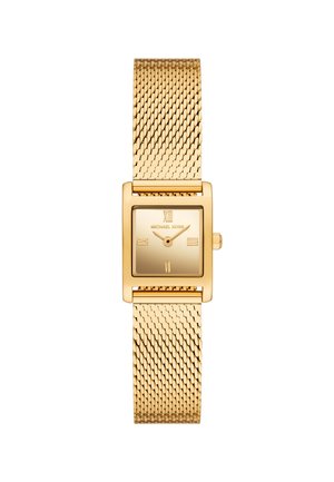 Reloj rectangular en tono dorado con brazalete de malla, que presenta un dial sencillo y números romanos. Con la marca "Michael Kors" debajo de las 12 en punto.