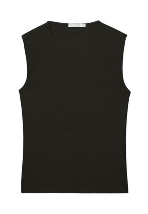 Čierny tielkový top z hladkej látky; priliehavý strih s okrúhlym výstrihom; bez viditeľných vzorov alebo akcentov.