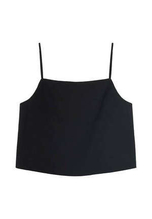 Schwarzes, kurzes Camisole-Oberteil mit dünnen Trägern, aus glattem Stoff gefertigt. Verfügt über einen geraden Ausschnitt und eine leicht kastige Form.