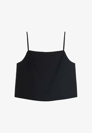 Černý zkrácený tílko s tenkými ramínky, vyrobené z hladkého materiálu. Má rovný výstřih a mírně široký střih.