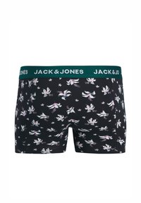 Μαύρα ανδρικά εσώρουχα boxer με λευκό και ροζ floral σχέδιο, πράσινη μέση με το κείμενο «JACK & JONES» σε λευκό.