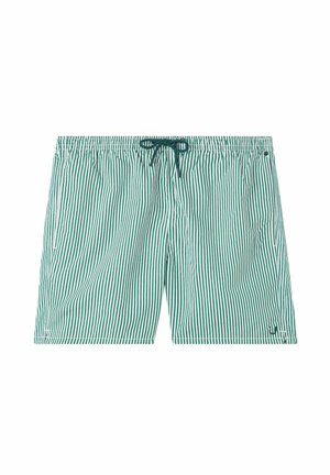 Grün-weiße gestreifte Badehosen aus leichtem Material, mit einem elastischen Bund und Kordelzug sowie einer Seitentasche.