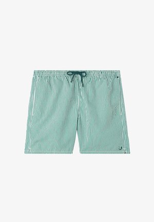 Groen en witte gestreepte zwemshorts van lichtgewicht stof, met een elastische tailleband met trekkoord en een zijzak.