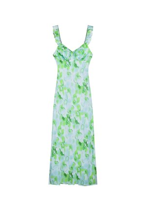 Ärmelloses langes Kleid mit gerafften Trägern und grünem Blumenmuster auf hellblauem Hintergrund.