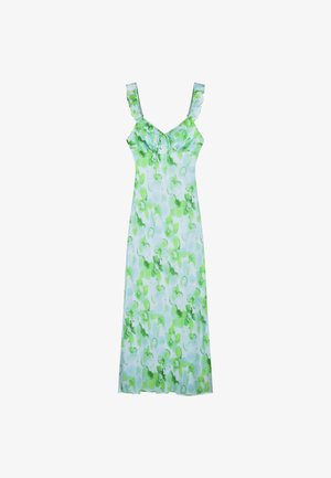 Ärmelloses langes Kleid mit gerafften Trägern und grünem Blumenmuster auf hellblauem Hintergrund.