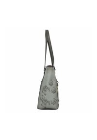 Graue Leder-Schultertasche mit taperndem Design, ausgestattet mit einer gemusterten Oberfläche und einem verstellbaren Tragriemen. Enthält eine seitliche Reißverschlusstasche.