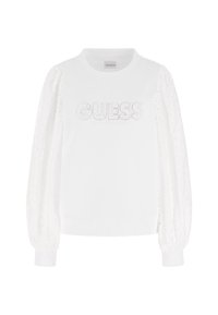 Sudadera blanca con cuello redondo, logo decorativo "GUESS" en pedrería y mangas de encaje texturizadas y abullonadas con patrones recortados.