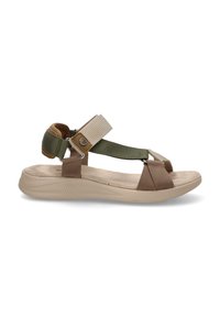 Sandalia deportiva marrón y verde con correas de tela, hebillas ajustables, plantilla acolchada y suela flexible de color beige claro.