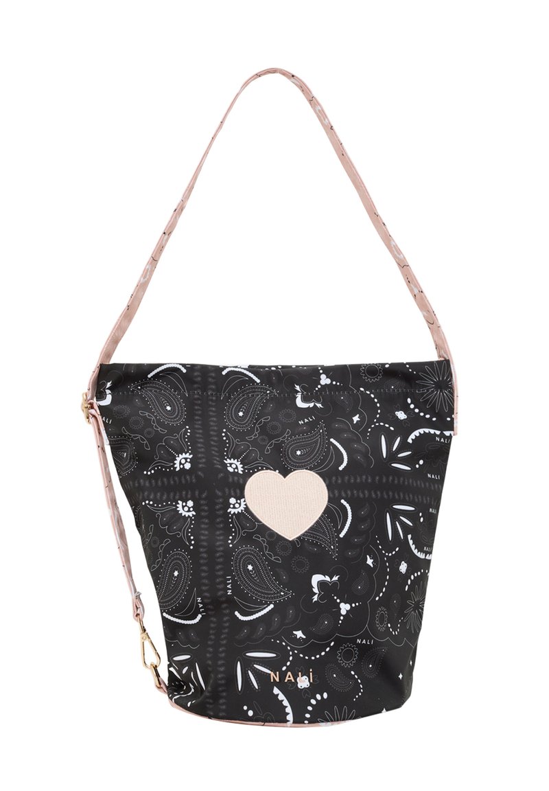 Sac seau noir avec des motifs paisley blancs, un détail en forme de cœur crème et une bandoulière rose clair. Doté d'un fermoir doré et de coutures décoratives.