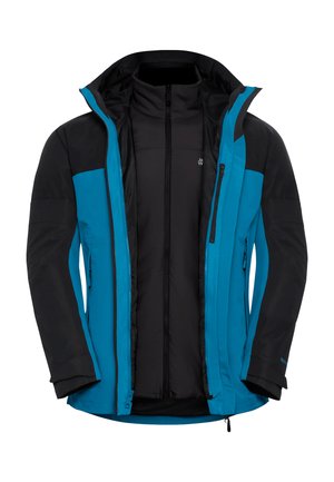 Blauwe en zwarte geïsoleerde jas met hoge kraag, ritssluiting en twee zijzakken. Beschikt over een strak ontwerp met contrasterende kleurpanelen.