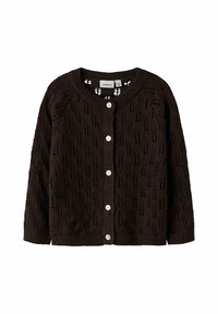 Cardigan in maglia marrone con pizzo, dotato di scollo rotondo, cinque bottoni bianchi e polsini e orlo a coste. Motivo foglia intricata su tutta la superfice.