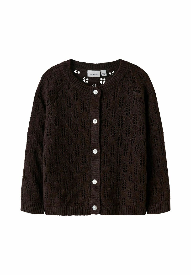 Cardigan in maglia marrone con pizzo, dotato di scollo rotondo, cinque bottoni bianchi e polsini e orlo a coste. Motivo foglia intricata su tutta la superfice.