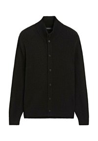 Black cardigan featuring a ribbed texture, shawl collar, and front buttons. Designed with long sleeves and a straight hem.