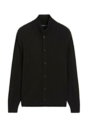 Cardigan nero con texture a coste, colletto a scialle e bottoni frontali. Progettato con maniche lunghe e orlo dritto.