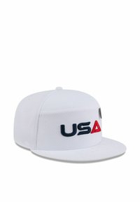 Weißer Hut mit strukturiertem Design, aus einem texturierten Stoff, mit gesticktem "USA" in Blau und Rot und einem flachen Schirm.