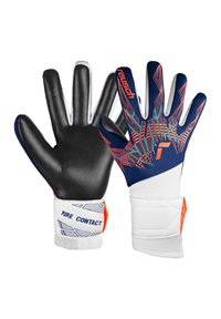 Sporthandschuhe aus schwarzem Latex und blauer Textilie, mit strukturiertem Griff, weißem Handgelenkband mit Branding und lebendigen geometrischen Mustern.