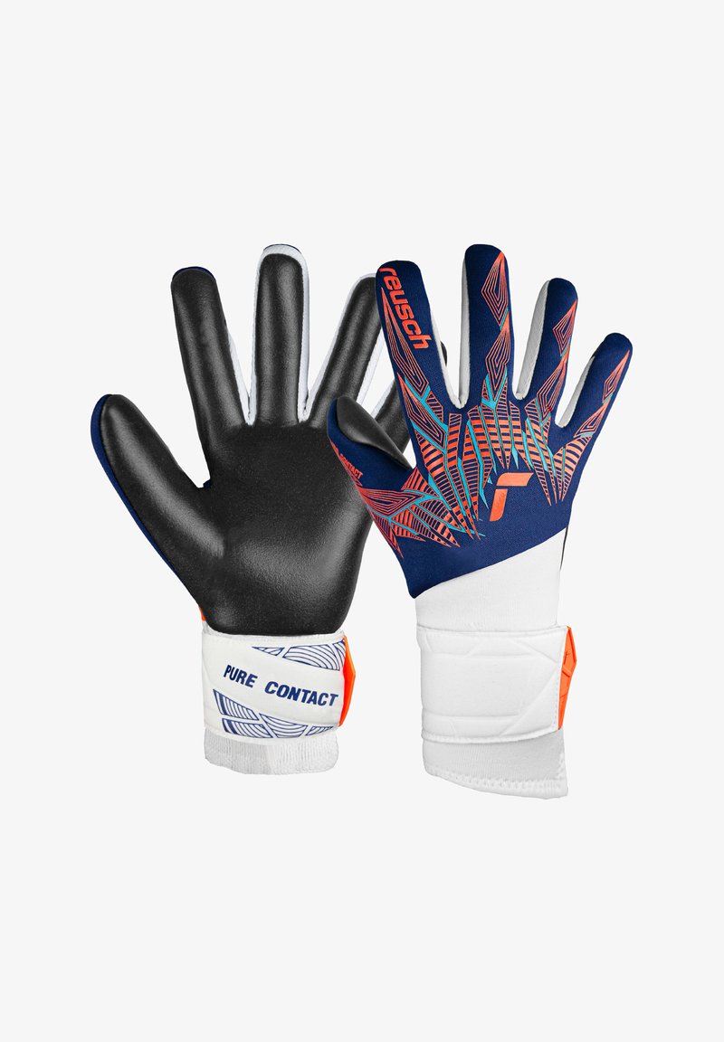 Sporthandschuhe aus schwarzem Latex und blauer Textilie, mit strukturiertem Griff, weißem Handgelenkband mit Branding und lebendigen geometrischen Mustern.